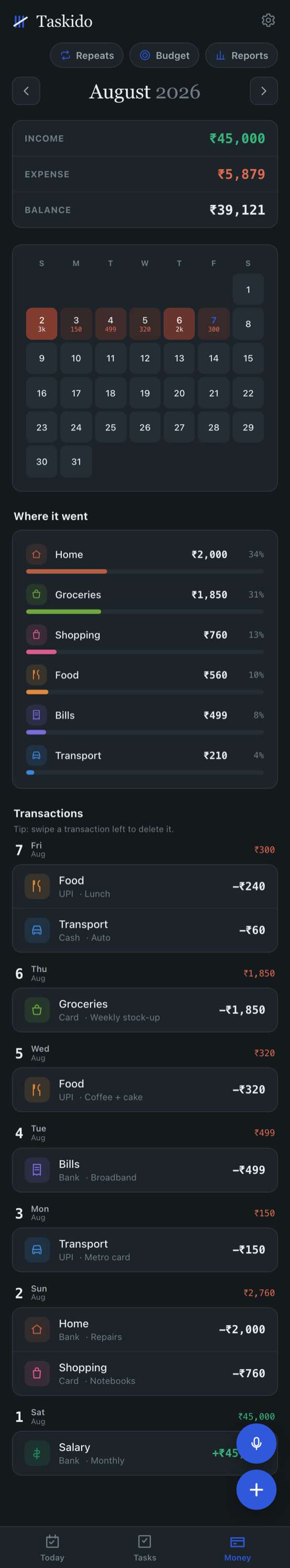 Taskido money screen with income, expense and balance